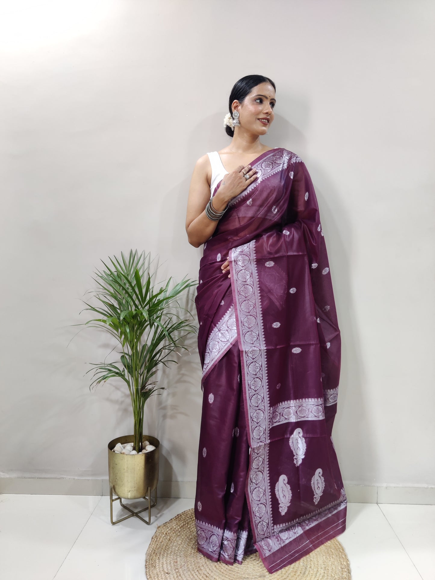 Jeel Wine Linen Cotton Saree