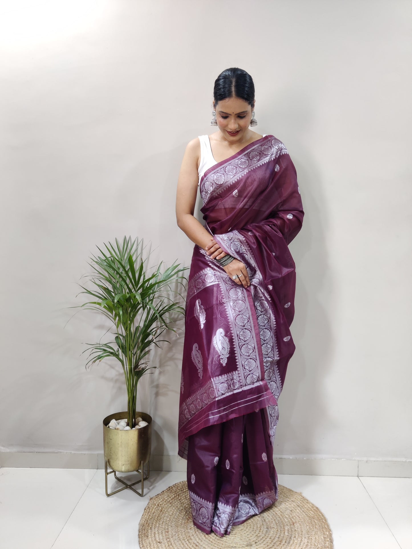 Jeel Wine Linen Cotton Saree