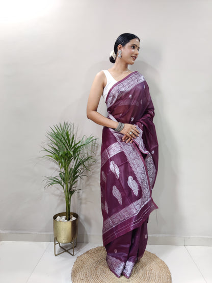 Jeel Wine Linen Cotton Saree