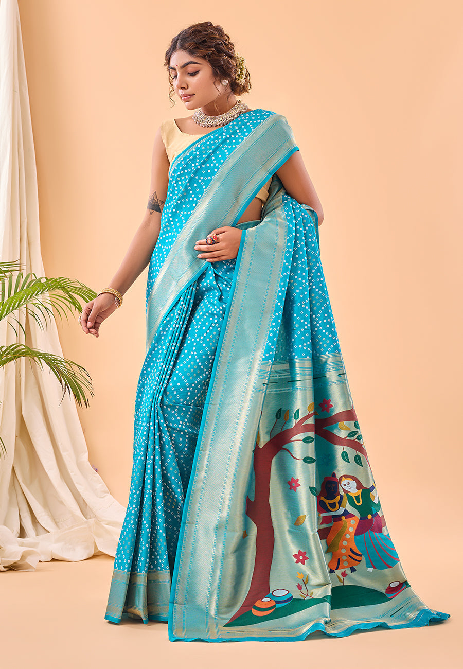 Aqua Blue Bandhej Original Paithani Silk Woven Saree