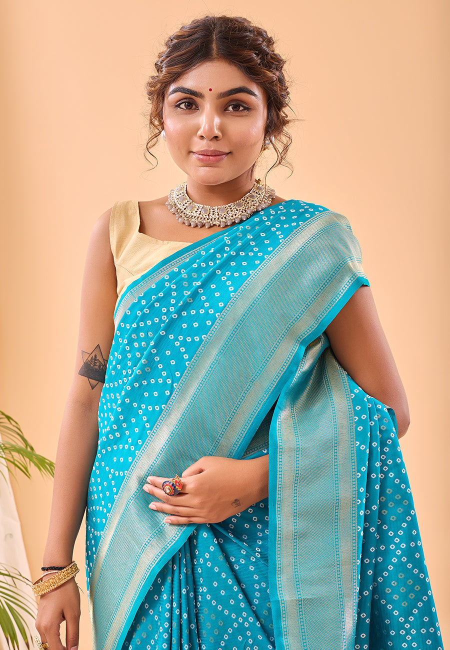 Aqua Blue Bandhej Original Paithani Silk Woven Saree