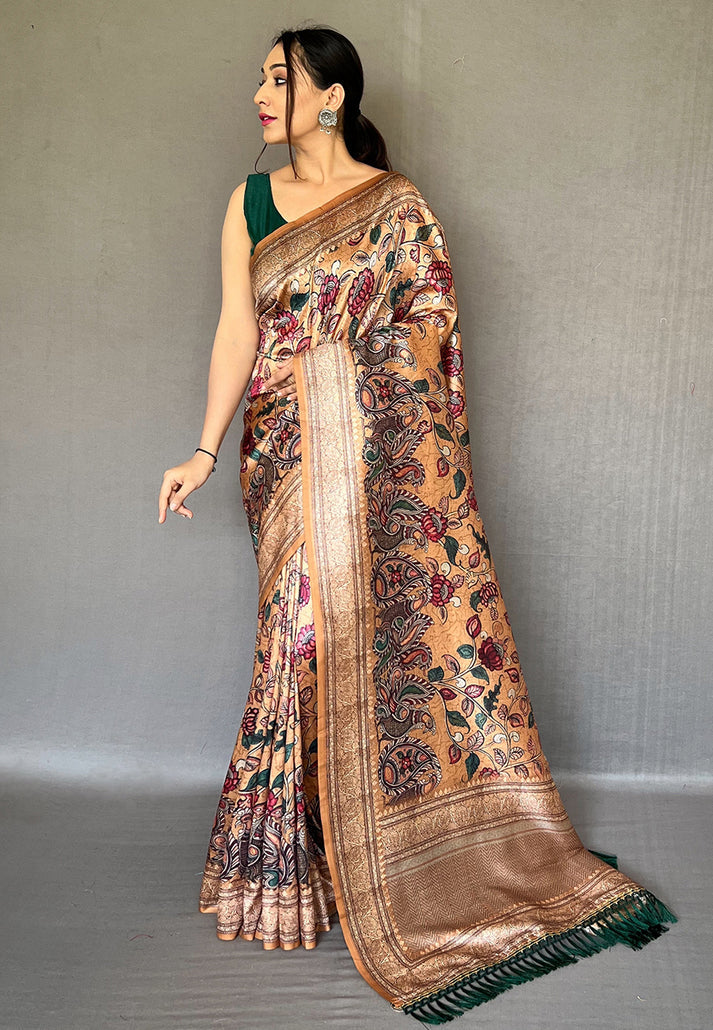 1 MIN Ready To Wear Camel Brown Diva Soft Silk Kalamkari Printed Saree