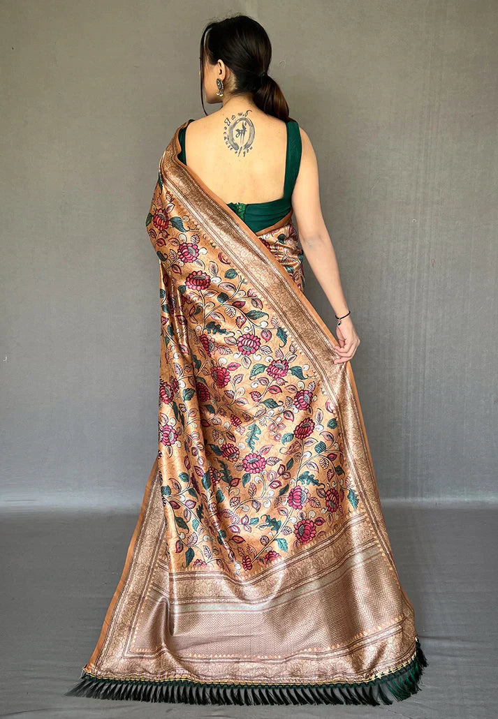 1 MIN Ready To Wear Camel Brown Diva Soft Silk Kalamkari Printed Saree