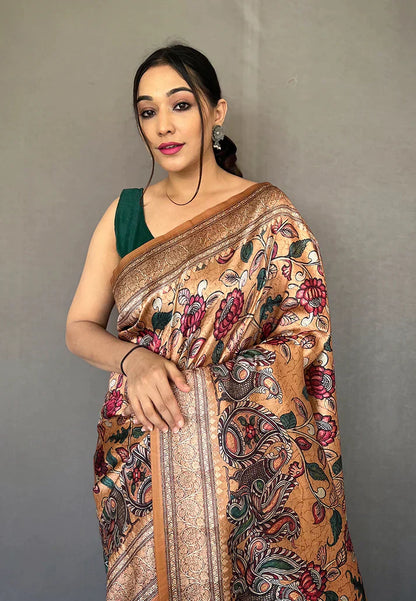 1 MIN Ready To Wear Camel Brown Diva Soft Silk Kalamkari Printed Saree