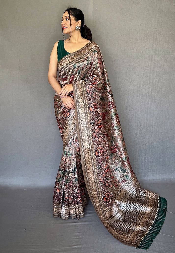 1 MIN Ready To Wear Ash Grey Diva Soft Silk Kalamkari Printed Saree