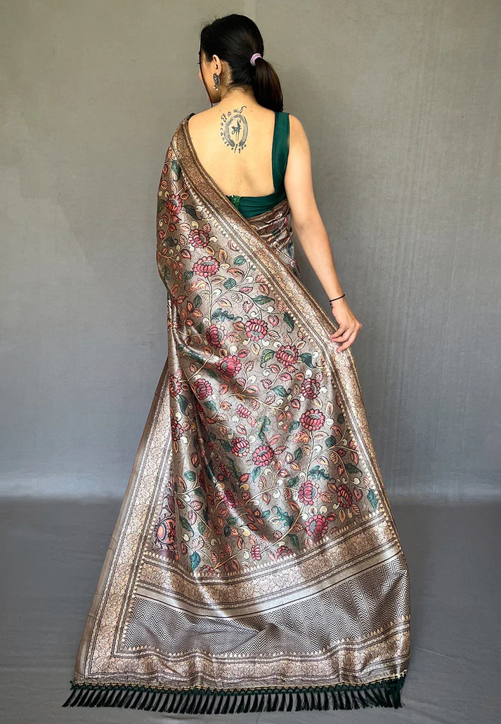 1 MIN Ready To Wear Ash Grey Diva Soft Silk Kalamkari Printed Saree