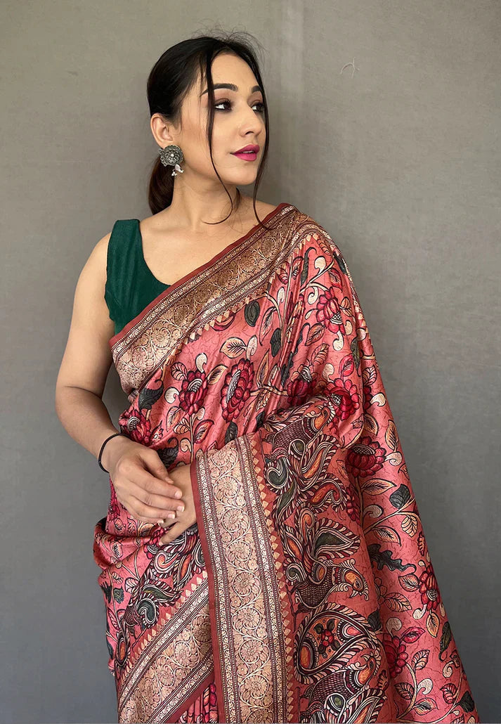 1 MIN Ready To Wear Pink Diva Soft Silk Kalamkari Printed Saree