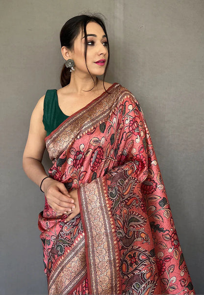 1 MIN Ready To Wear Pink Diva Soft Silk Kalamkari Printed Saree