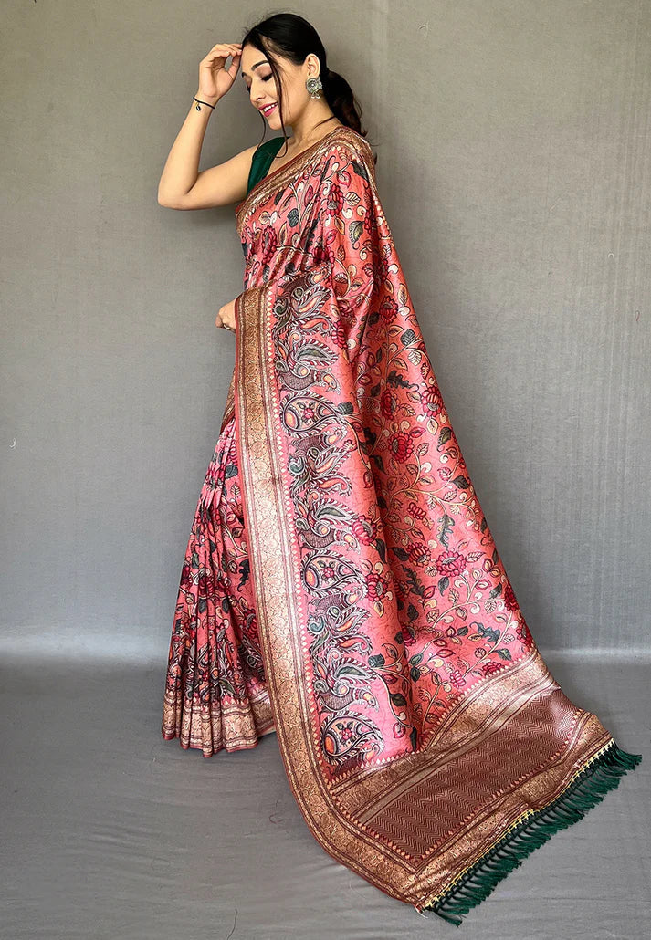 1 MIN Ready To Wear Pink Diva Soft Silk Kalamkari Printed Saree