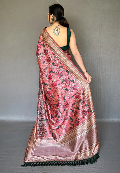 1 MIN Ready To Wear Pink Diva Soft Silk Kalamkari Printed Saree