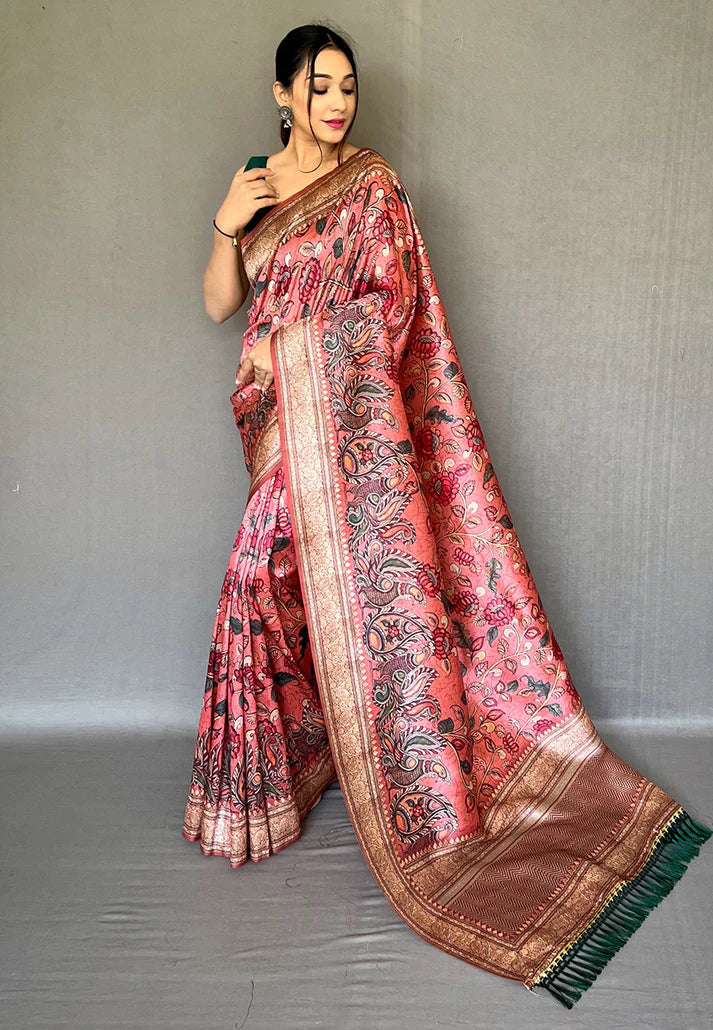 1 MIN Ready To Wear Pink Diva Soft Silk Kalamkari Printed Saree