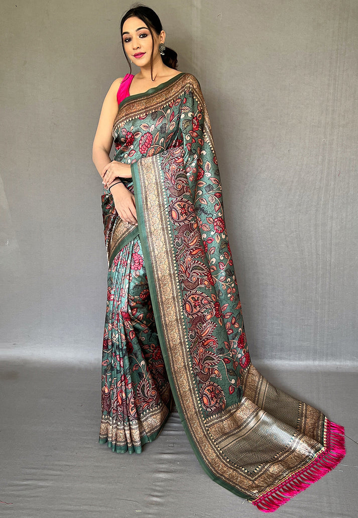 1 MIN Ready To Wear Teal Blue Diva Soft Silk Kalamkari Printed Saree