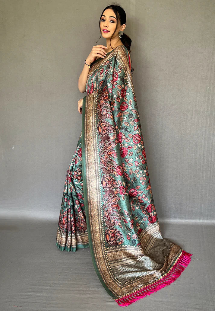 1 MIN Ready To Wear Teal Blue Diva Soft Silk Kalamkari Printed Saree