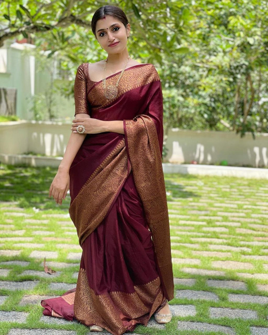Nayira - Maroon Blue Soft Silk Saree with Silver Zari Border and Matching Blouse