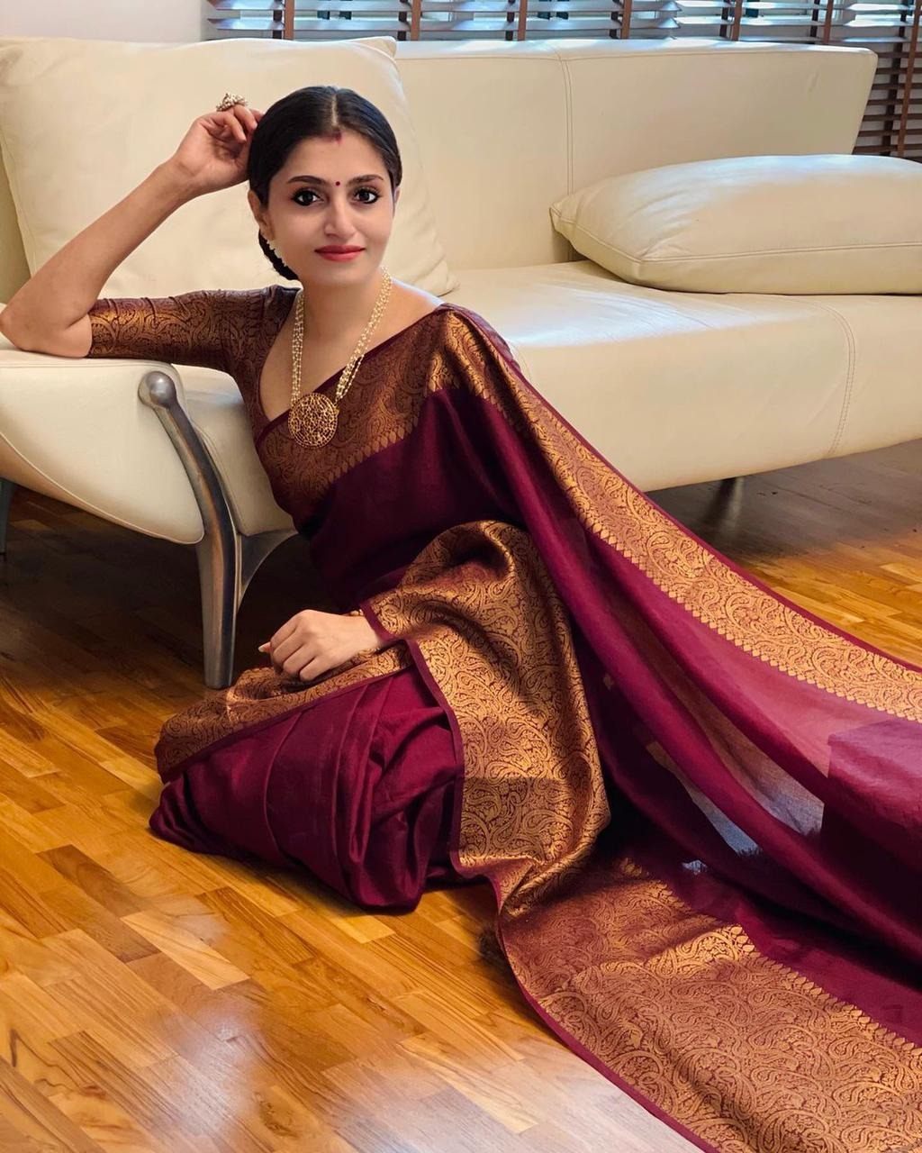 Nayira - Maroon Blue Soft Silk Saree with Silver Zari Border and Matching Blouse