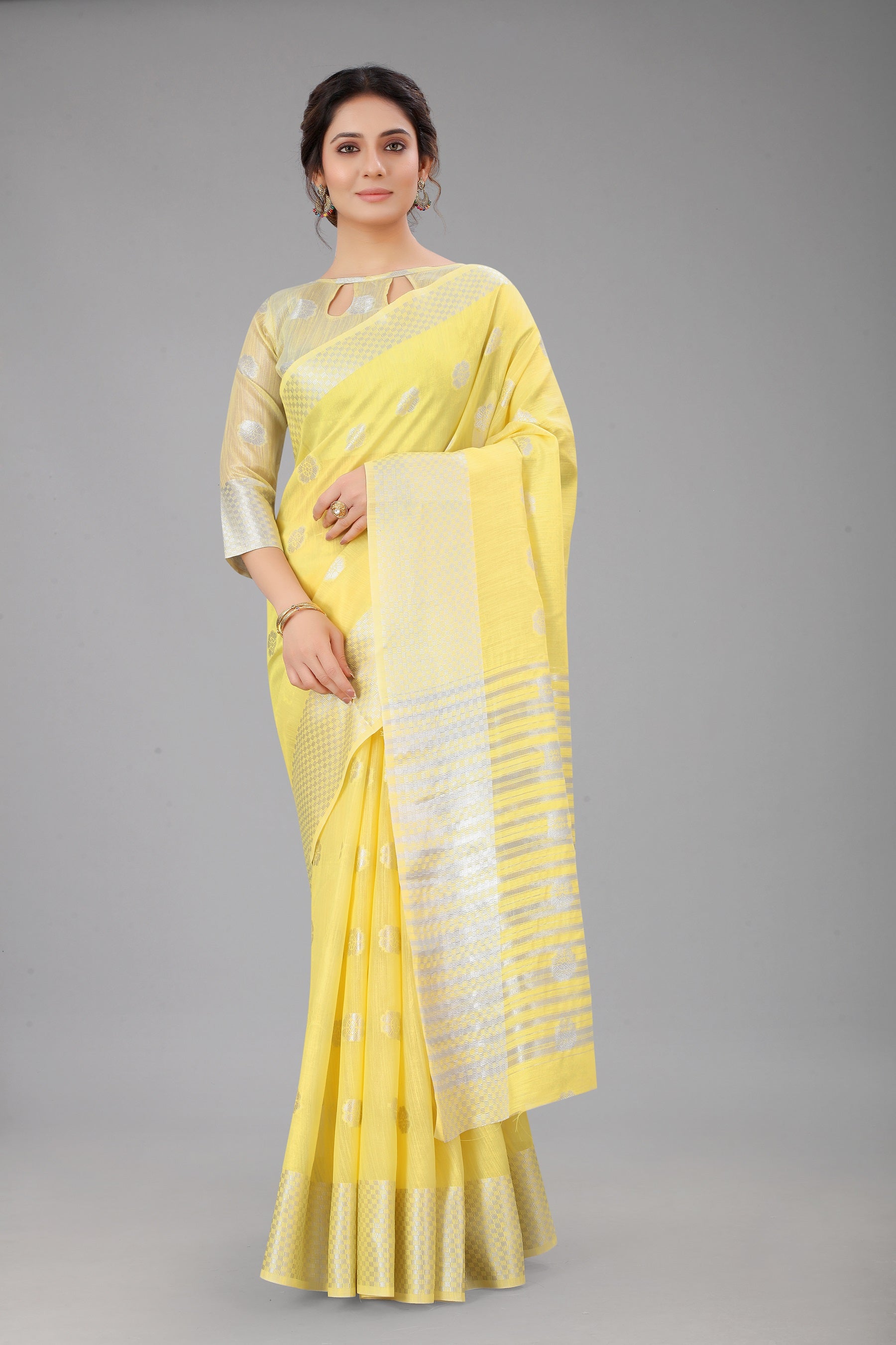 Daffodilyellow-Colored Cotton Silk Saree Set Complete with Matching Blouse