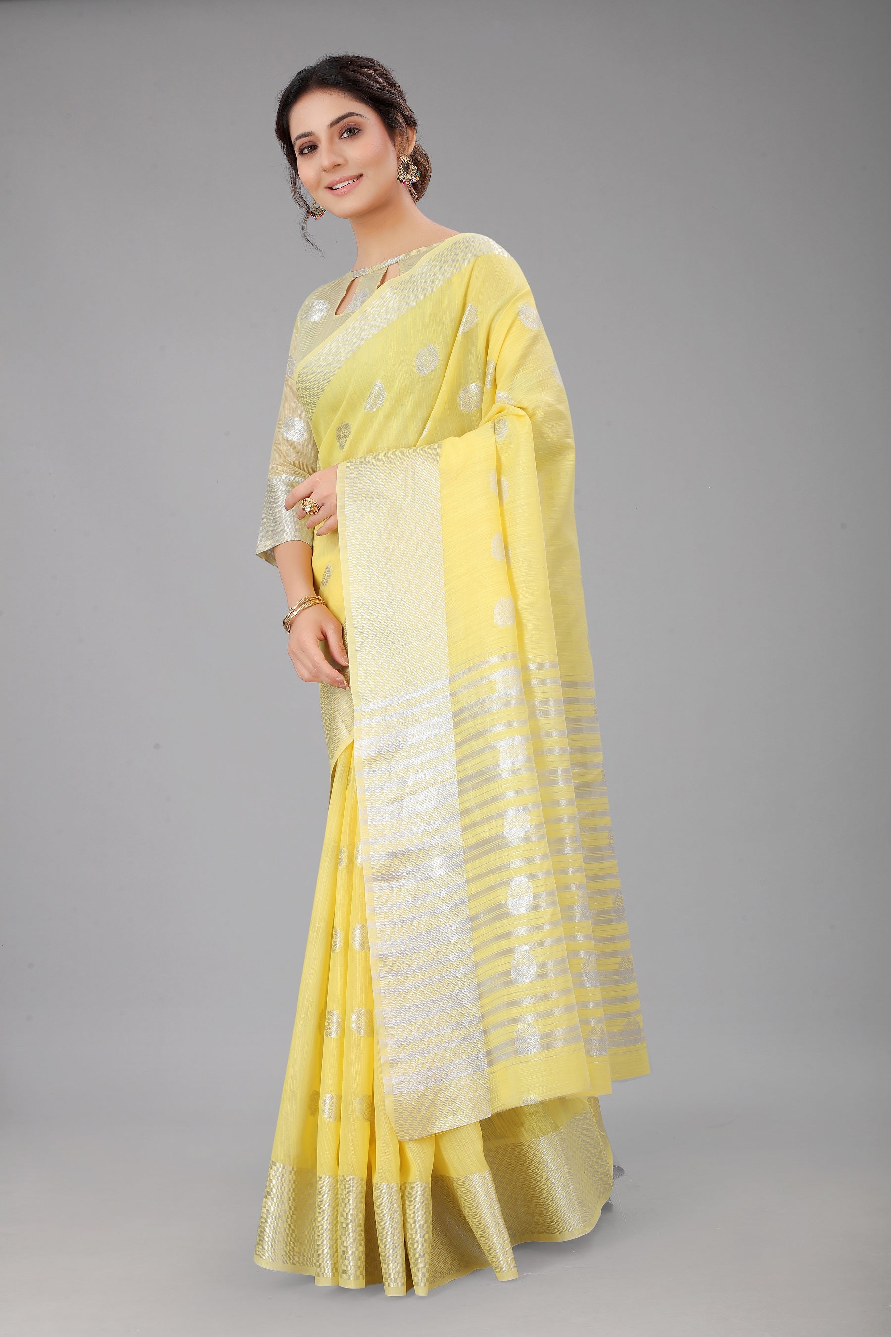 Daffodilyellow-Colored Cotton Silk Saree Set Complete with Matching Blouse