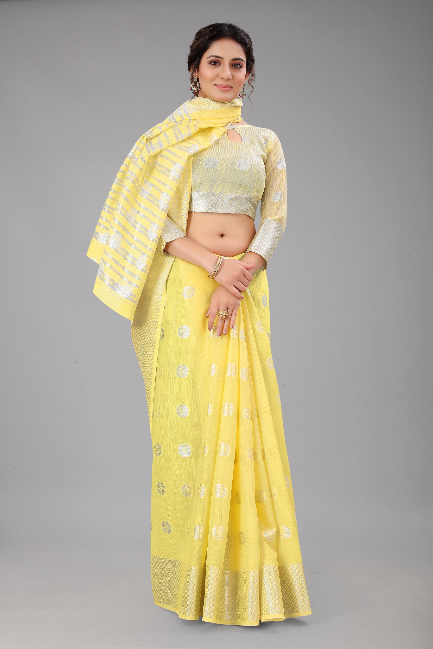 Daffodilyellow-Colored Cotton Silk Saree Set Complete with Matching Blouse