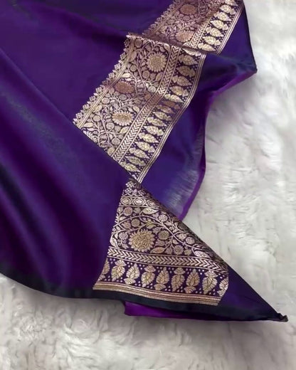 Dipa - Navy Blue Mashru Silk Saree with Golden Zari Floral Weaving