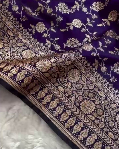 Dipa - Navy Blue Mashru Silk Saree with Golden Zari Floral Weaving