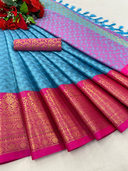 Neela CyanBlue Cotton Silk Saree