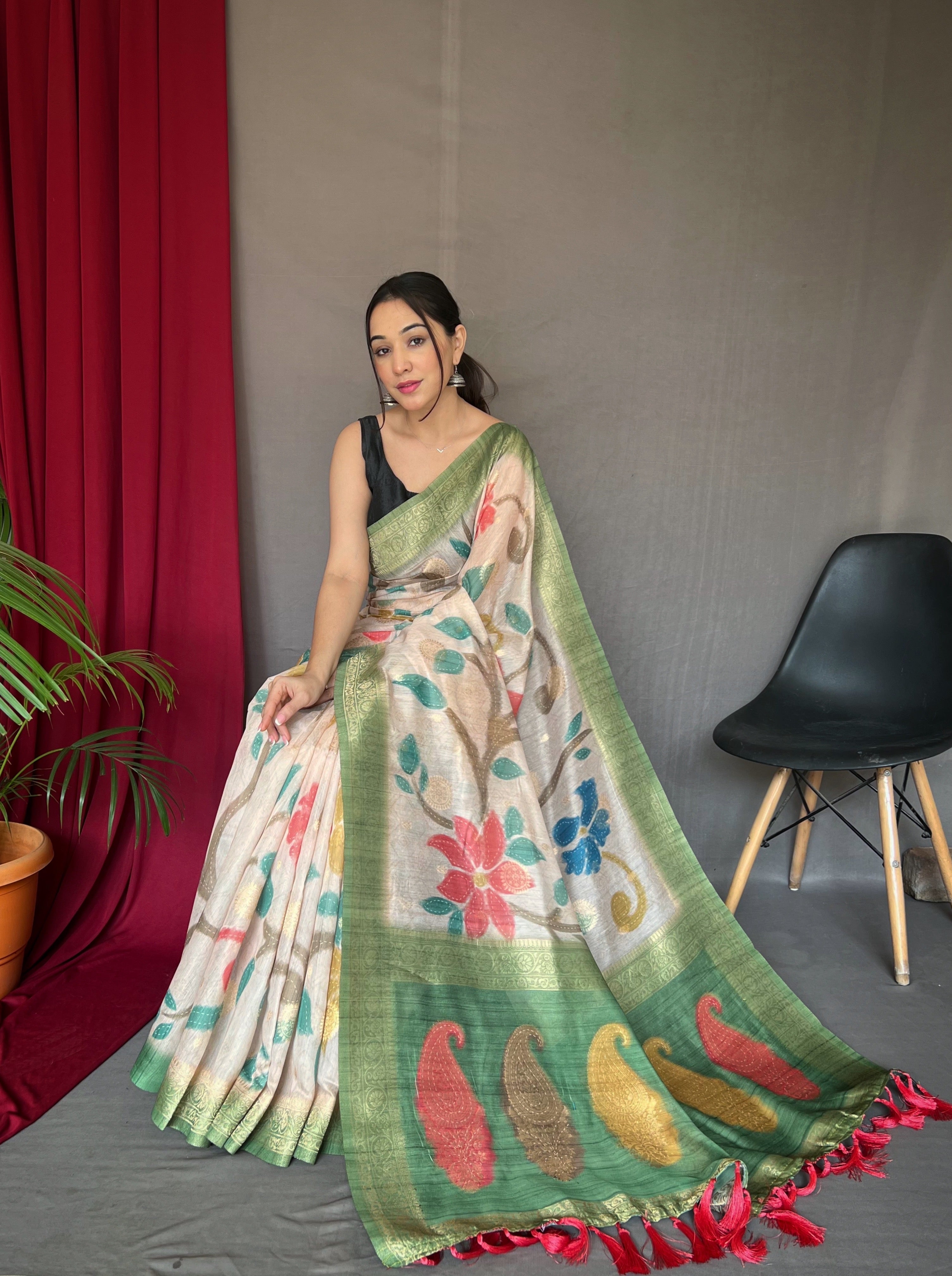 1 MIN Ready To Wear Vaibhavi Pure Chanderi Banarasi Silk Saree Green