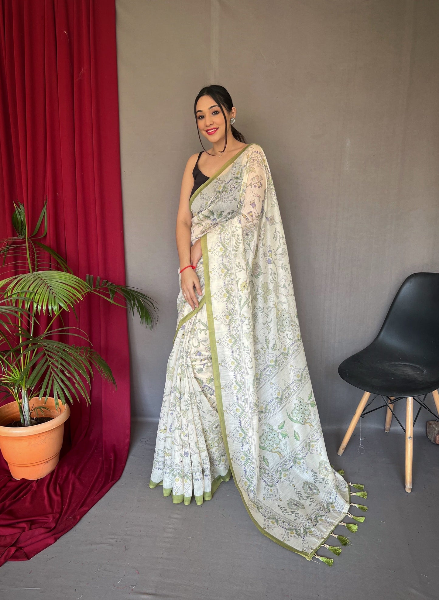 1 Min Ready to Wear Green Cotton Katha Printed Saree