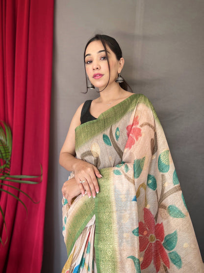 1 MIN Ready To Wear Vaibhavi Pure Chanderi Banarasi Silk Saree Green