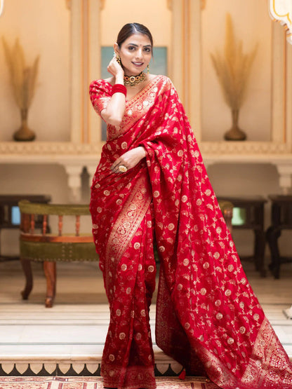 Hira Red Banarasi Silk Saree With Amazing Blouse Piece