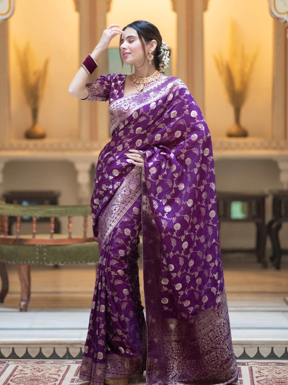 Hira Purple Banarasi Silk Saree With Amazing Blouse Piece