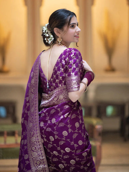 Hira Purple Banarasi Silk Saree With Amazing Blouse Piece