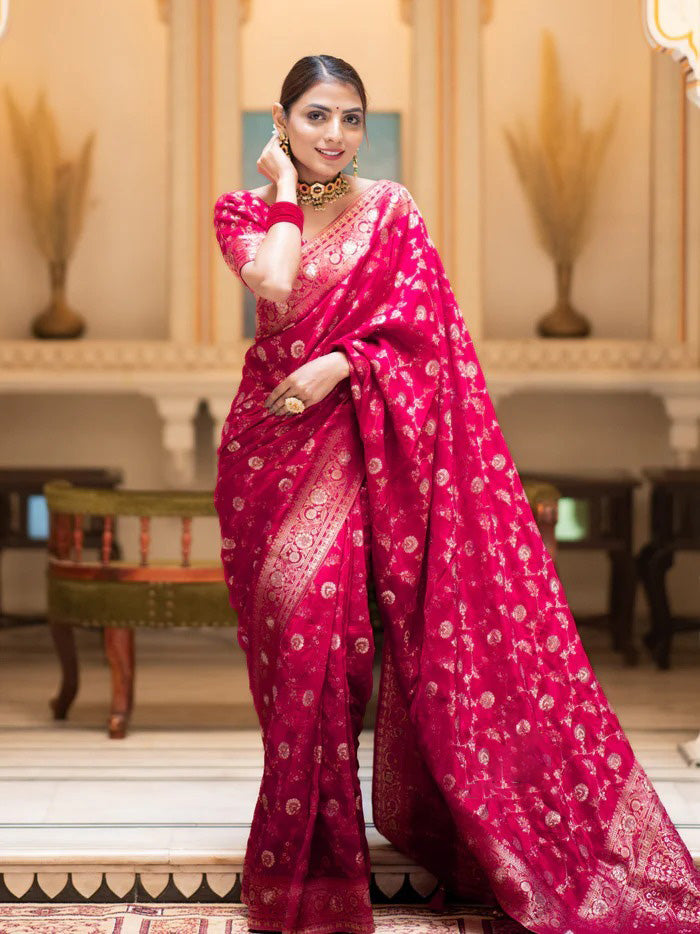 Hira RubyPink Banarasi Silk Saree With Amazing Blouse Piece