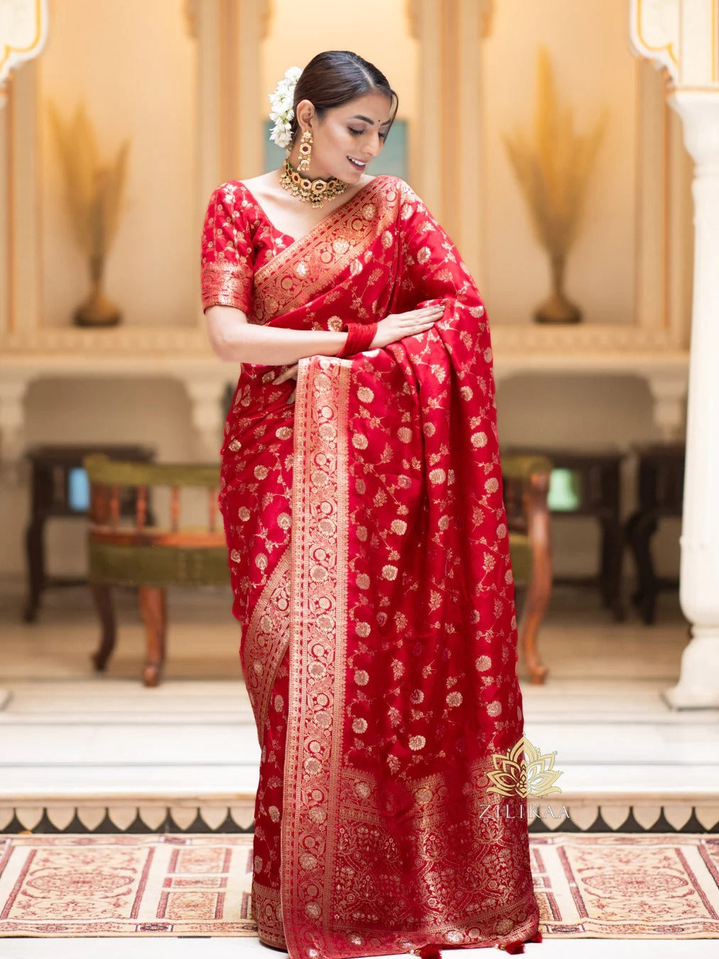 Hira Red Banarasi Silk Saree With Amazing Blouse Piece