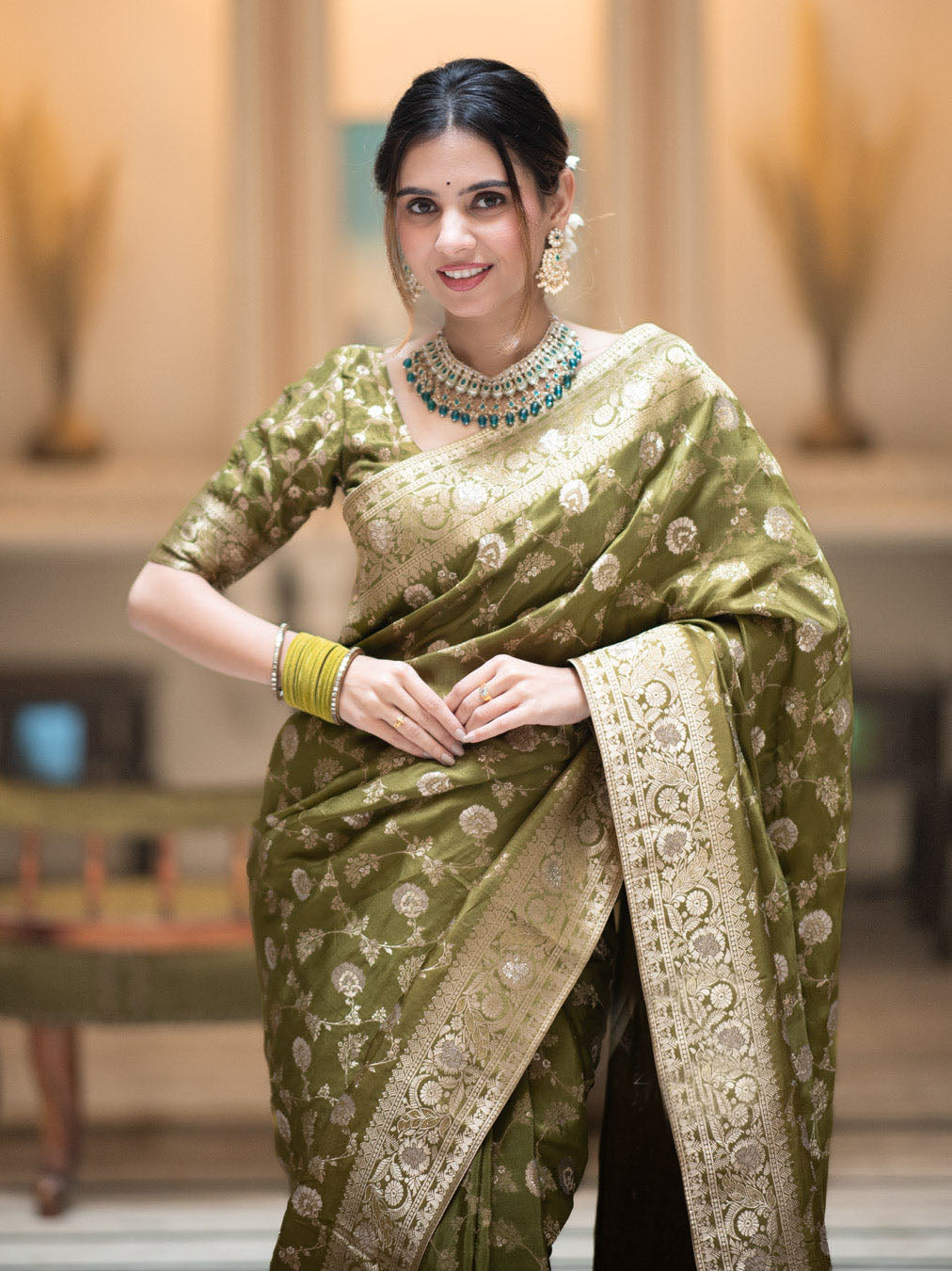 Hira Mahendi Banarasi Silk Saree With Amazing Blouse Piece