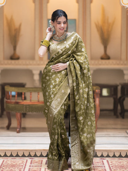 Hira Mahendi Banarasi Silk Saree With Amazing Blouse Piece