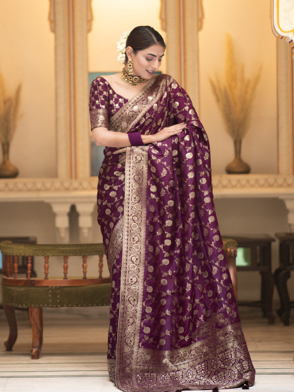 Hira Wine Banarasi Silk Saree With Amazing Blouse Piece