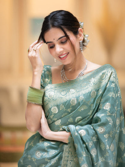 Hira C- Green Banarasi Silk Saree With Amazing Blouse Piece