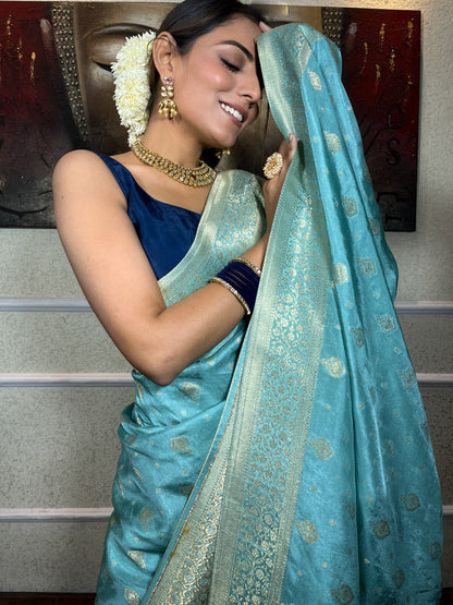 Moisey Bottle Blue Banarasi Silk Saree With Amazing Blouse Piece