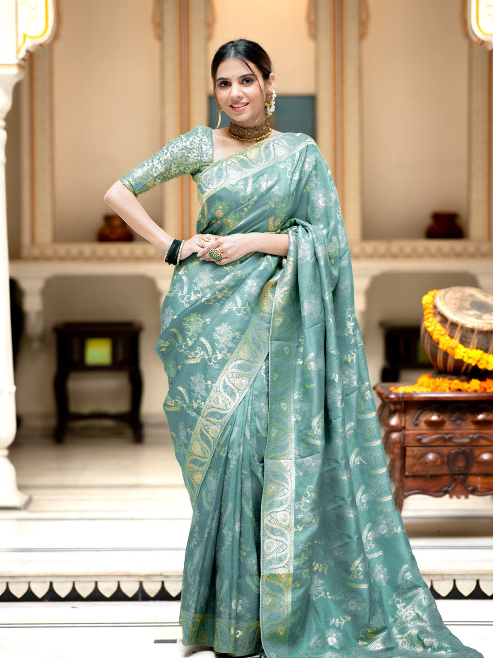 Hema Turquoise Green Banarasi Silk Saree WIth Fabulouse Blouse Piece