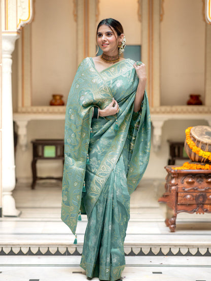 Hema Turquoise Green Banarasi Silk Saree WIth Fabulouse Blouse Piece