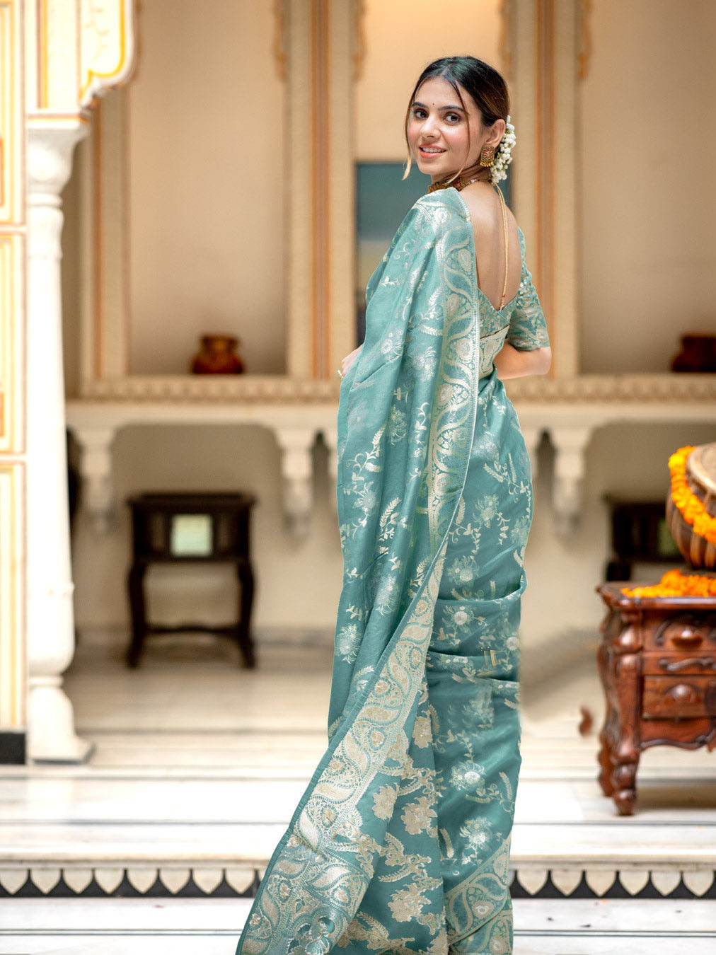 Hema Turquoise Green Banarasi Silk Saree WIth Fabulouse Blouse Piece