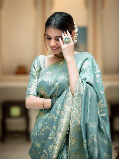 Hema Turquoise Green Banarasi Silk Saree WIth Fabulouse Blouse Piece