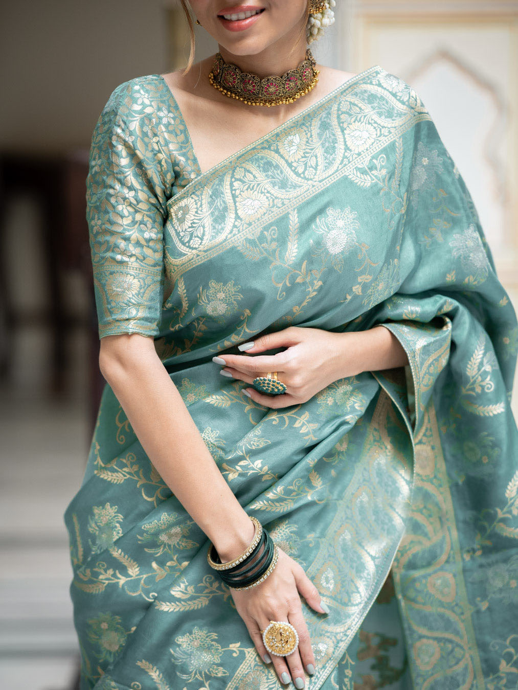 Hema Turquoise Green Banarasi Silk Saree WIth Fabulouse Blouse Piece