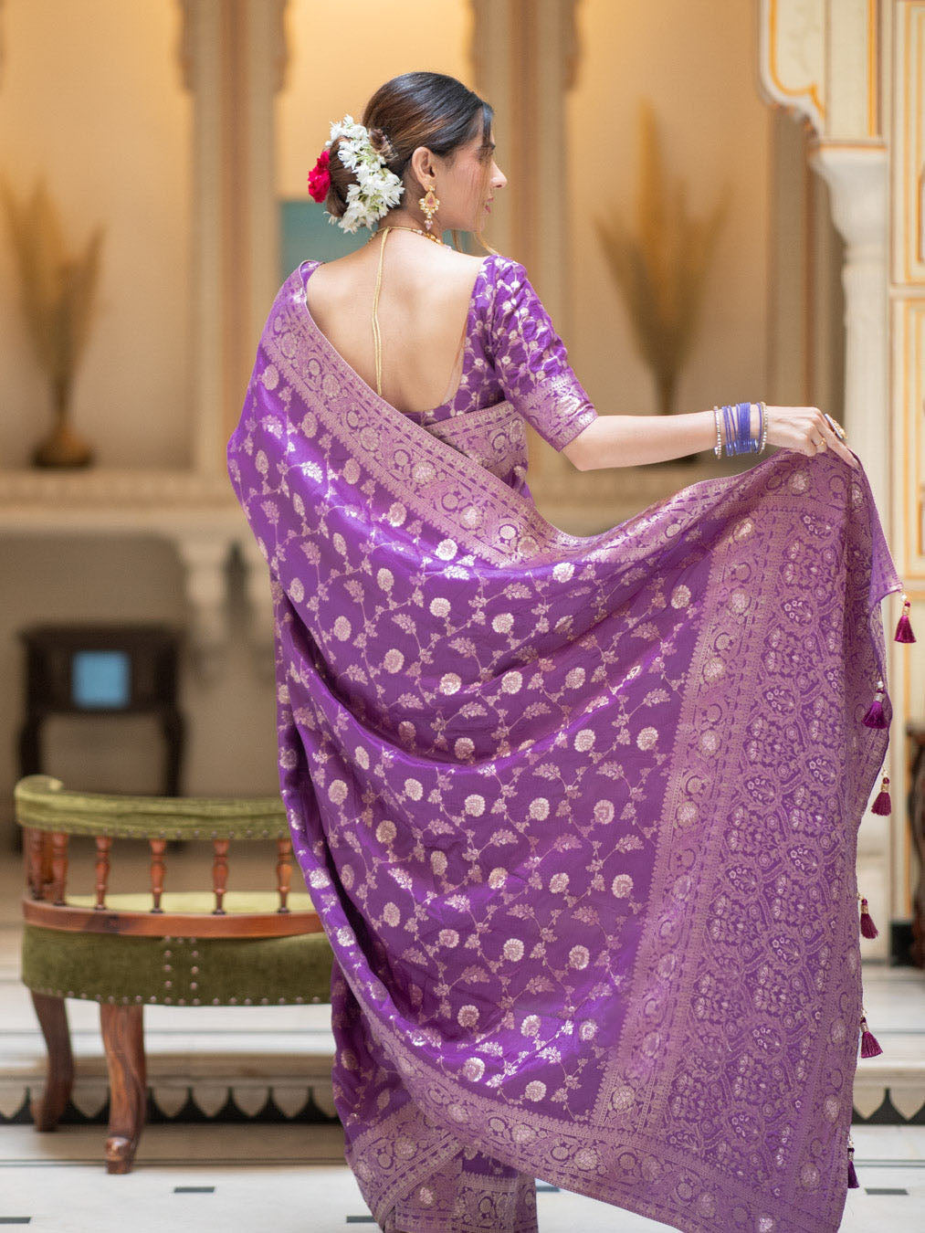 Hira Rich Purple Banarasi Silk Saree With Amazing Blouse Piece