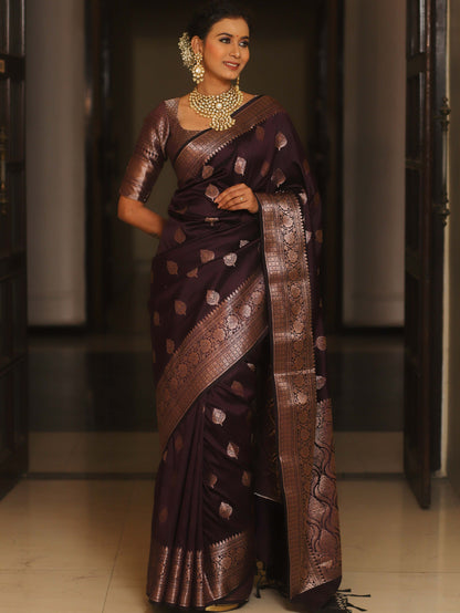 Knyaa's IBARSHANI Wine Banarasi SIlk Saree With Nouveau Attached Blouse