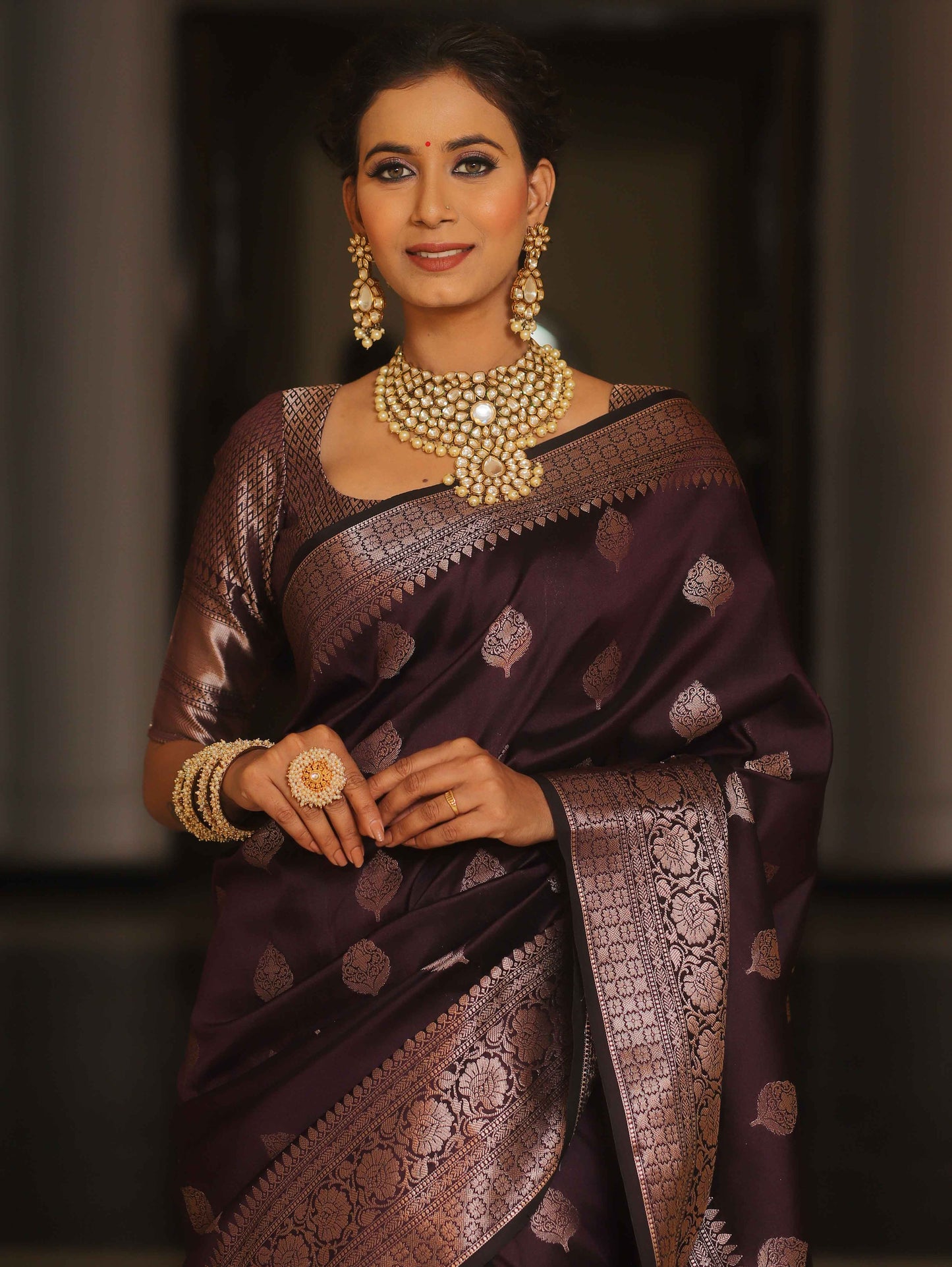 Knyaa's IBARSHANI Wine Banarasi SIlk Saree With Nouveau Attached Blouse