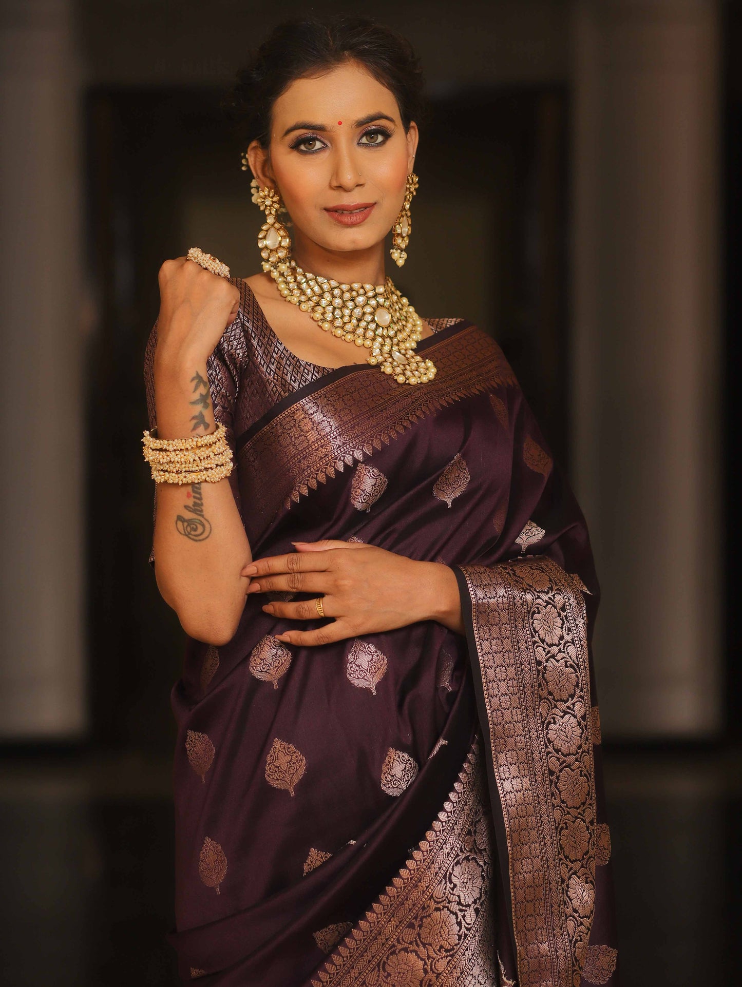 Knyaa's IBARSHANI Wine Banarasi SIlk Saree With Nouveau Attached Blouse