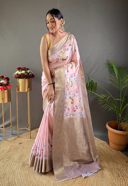 Baby Pink Kiara Soft Silk Floral Printed Woven Saree