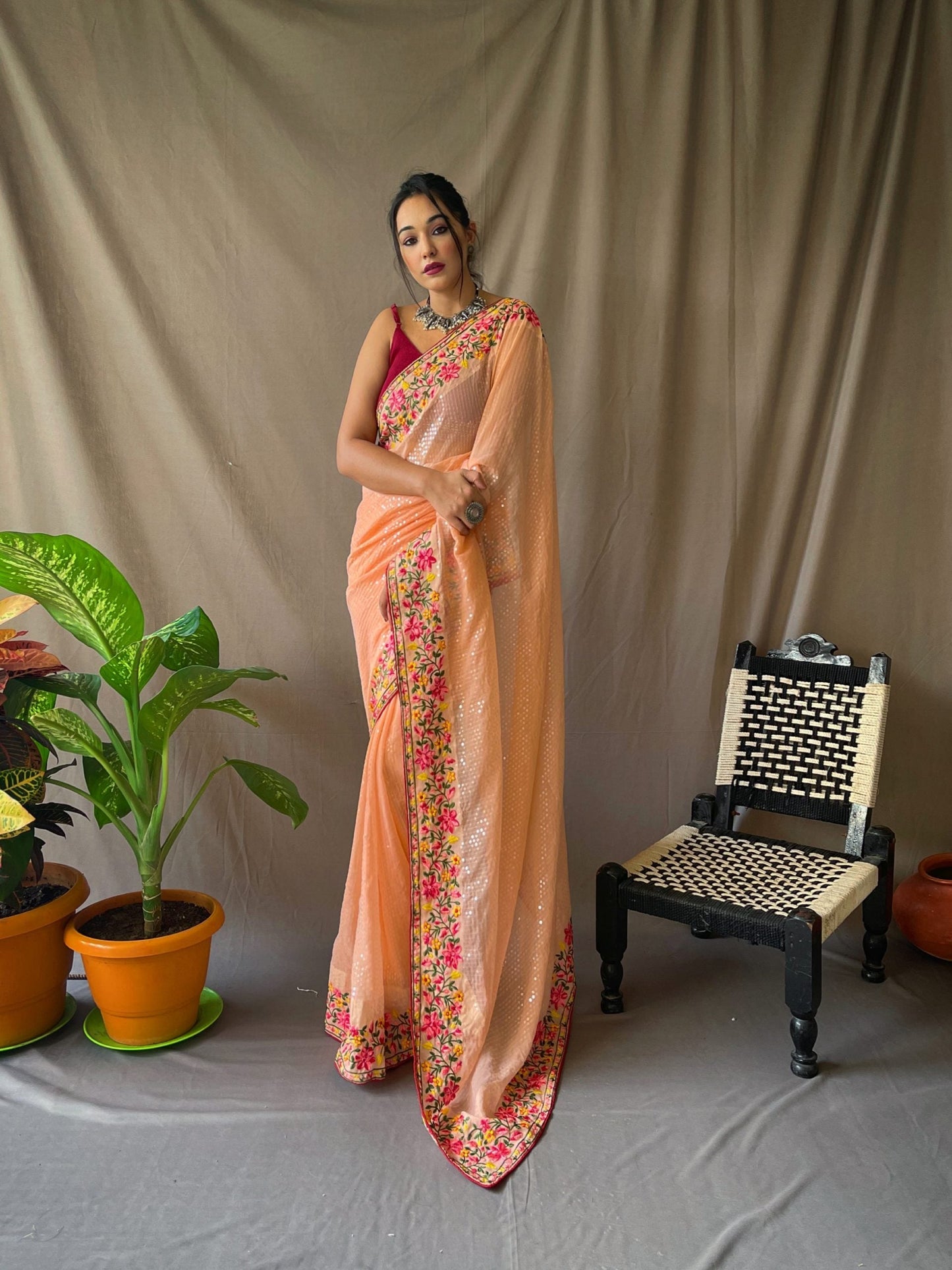 ZARA Georgette Sequins Designer Saree Orange-SQ1- Premium