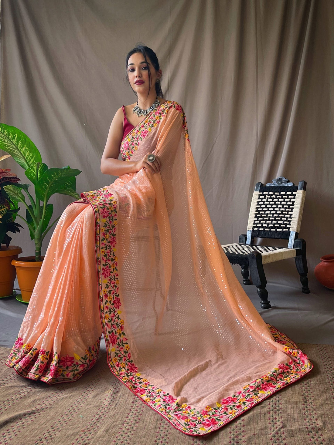 ZARA Georgette Sequins Designer Saree Orange-SQ1- Premium
